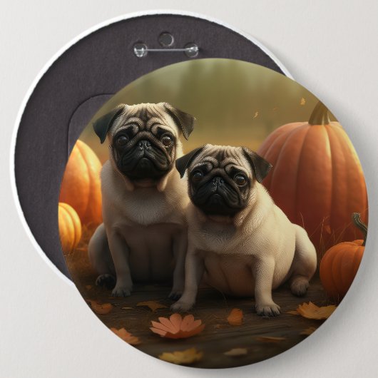 Badge Rond 15,2 Cm Carlin Chiot Automne Citrouille de plaisir (Devant & derrière)