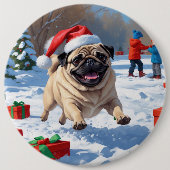 Badge Rond 15,2 Cm Carlin en neige avec Casquette de Noël (Devant)