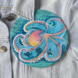 Badge Rond 15,2 Cm Carte Turquoise Vintage Rainbow Octopus
