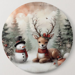 Badge Rond 15,2 Cm Cerf de Noël/bonhomme de neige en bois classique