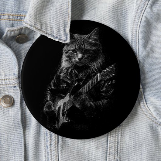 Badge Rond 15,2 Cm Chat avec cuir Veste jouant guitare électrique (En situation)
