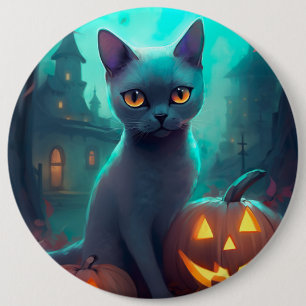 Badge Rond 15,2 Cm Chat bleu russe d'Halloween avec la peur Citrouill