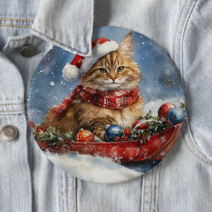 Badge Rond 15,2 Cm Chat de Maine Coon en sledge Laisser neiger Noël