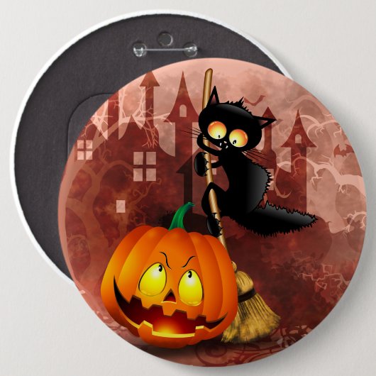 Badge Rond 15,2 Cm Chat effrayé par Citrouille Fun Halloween caractèr (Devant & derrière)