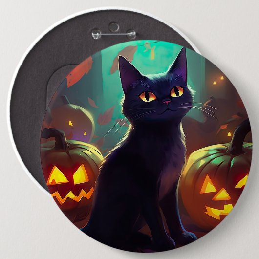 Badge Rond 15,2 Cm Chat Halloween Tuxedo Avec Peur Citrouille (Devant & derrière)