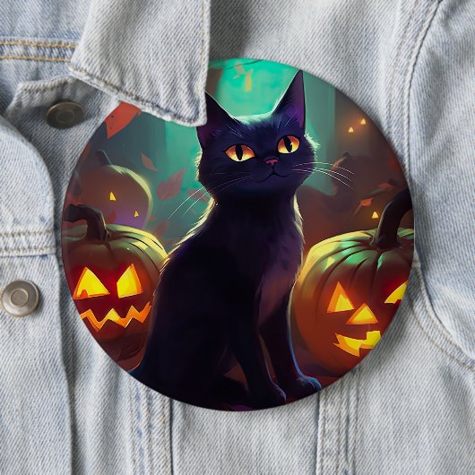 Badge Rond 15,2 Cm Chat Halloween Tuxedo Avec Peur Citrouille (En situation)