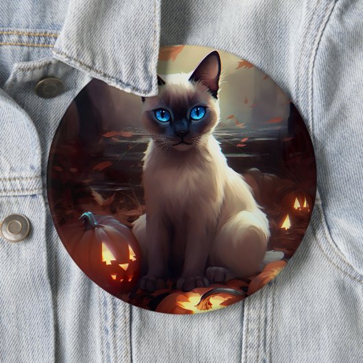 Badge Rond 15,2 Cm Chat Siamais Halloween Avec Peur Citrouille (En situation)
