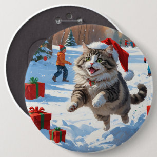 Badge Rond 15,2 Cm Chat Sibérien Courant dans la Neige avec un Chapea