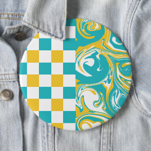 Badge Rond 15,2 Cm Chèques et permules en Turquoise, Jaune et Blanc