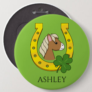 Badge Rond 15,2 Cm Cheval avec Chaussure à Cheval d'Or, Shamrock   Pe