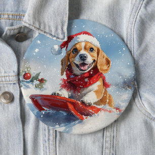 Badge Rond 15,2 Cm Chien Beagle en Traîneau Qu'il neige Noël