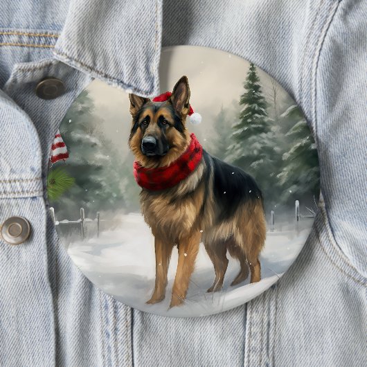 Badge Rond 15,2 Cm Chien berger allemand en Noël de neige (En situation)