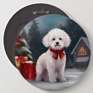 Badge Rond 15,2 Cm Chien Bichon Frisé dans la neige de Noël
