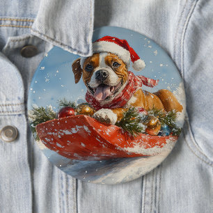 Badge Rond 15,2 Cm Chien Boxer en Luge Laissez Tomber la Neige Noël