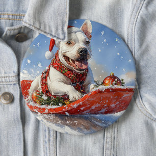 Badge Rond 15,2 Cm Chien Bull Terrier dans un traîneau Laissez neige