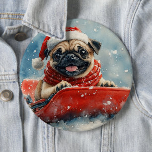 Badge Rond 15,2 Cm Chien Carlin dans un Traîneau Laissez Tomber la Ne