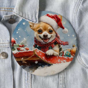 Badge Rond 15,2 Cm Chien Chihuahua dans un traîneau Laissez neige Noë