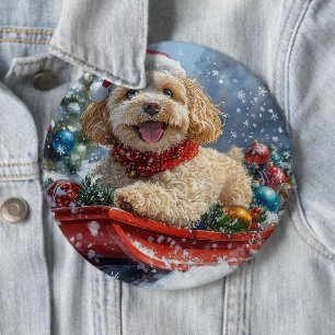 Badge Rond 15,2 Cm Chien Cockapoo en Traîneau Laissez Tomber la Neige