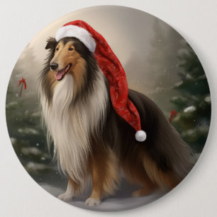 Badge Rond 15,2 Cm Chien Colley à poil long dans la neige de Noël