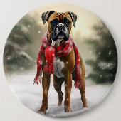 Badge Rond 15,2 Cm Chien de boxe en Noël de neige (Devant)
