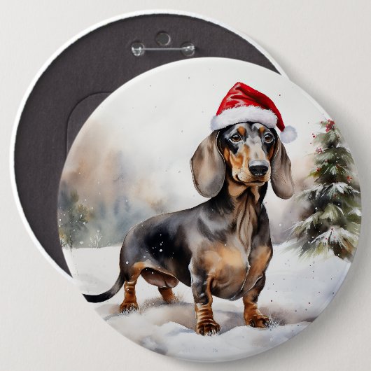 Badge Rond 15,2 Cm Chien de Dachshund à Noël de neige (Devant & derrière)