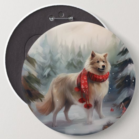 Badge Rond 15,2 Cm Chien de lappund finlandais à Noël de neige (Devant & derrière)