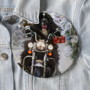 Badge Rond 15,2 Cm Chien de Terre-Neuve conduisant une moto de Noël