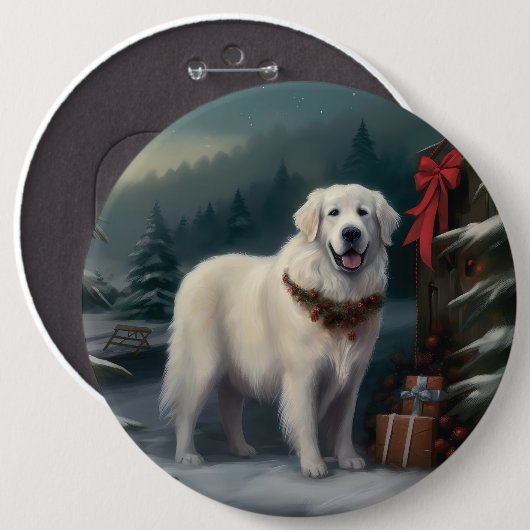 Badge Rond 15,2 Cm Chien des grandes Pyrénées à Noël de neige (Devant & derrière)