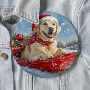 Badge Rond 15,2 Cm Chien Labrador dans un traîneau Laissez neige Noël