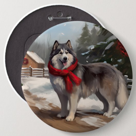 Badge Rond 15,2 Cm Chien malamué de l'Alaska en Noël de neige (Devant & derrière)
