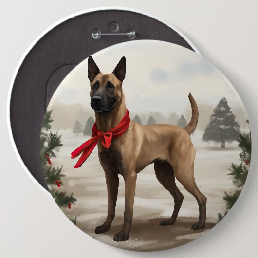 Badge Rond 15,2 Cm Chien malinois belge à Noël de neige (Devant & derrière)