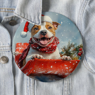 Badge Rond 15,2 Cm Chien Pitbull en Traîneau Laissez Tomber la Neige