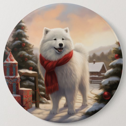 Badge Rond 15,2 Cm Chien Samoyé à Noël de neige (Devant)