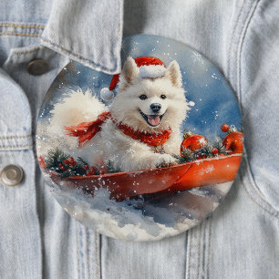 Badge Rond 15,2 Cm Chien Samoyède dans un Traîneau Qu'il neige Noël