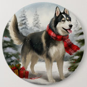 Badge Rond 15,2 Cm Chien sibérien Husky à Noël de neige (Devant)