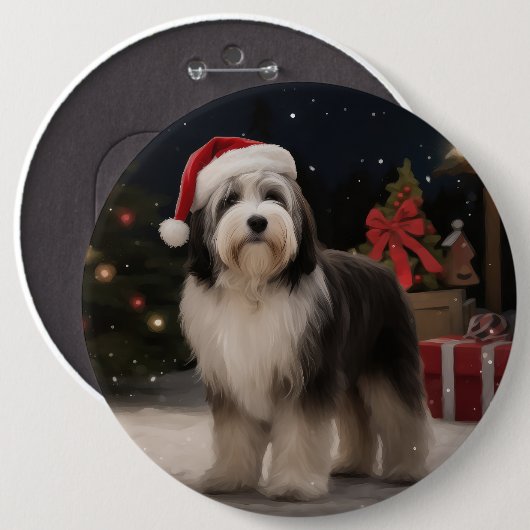 Badge Rond 15,2 Cm Chien tibétain de Terrier en Noël de neige (Devant & derrière)