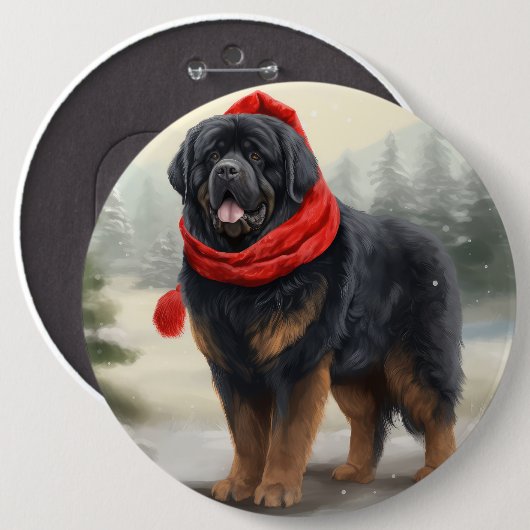 Badge Rond 15,2 Cm Chien tibétain mastiff à Noël de neige (Devant & derrière)