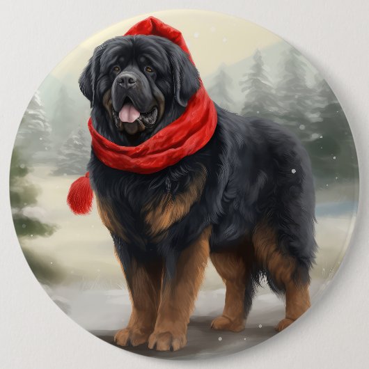 Badge Rond 15,2 Cm Chien tibétain mastiff à Noël de neige (Devant)