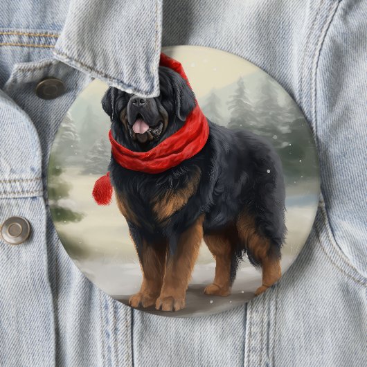 Badge Rond 15,2 Cm Chien tibétain mastiff à Noël de neige (En situation)