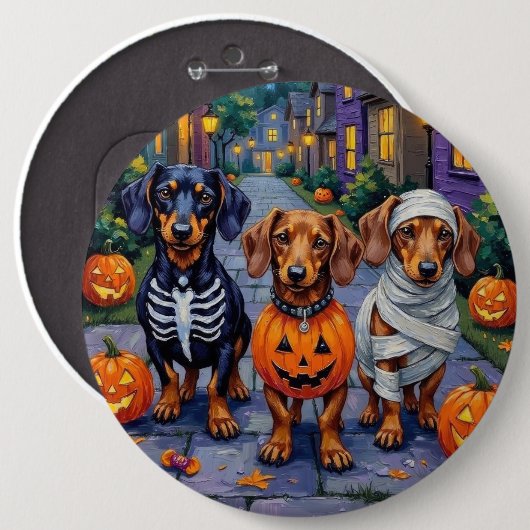 Badge Rond 15,2 Cm Chiens de Dachshund Trick-or-Treating en Halloween (Devant & derrière)