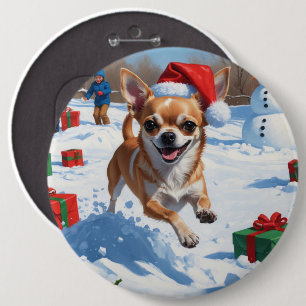 Badge Rond 15,2 Cm Chihuahua courant dans la neige avec un chapeau de