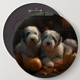 Badge Rond 15,2 Cm Chiot Old English Sheepdog Automne Délice Citrouil
