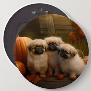 Badge Rond 15,2 Cm Chiots Pékinois Délice d'Automne Citrouille