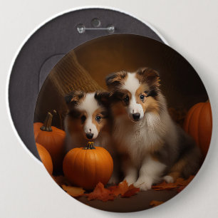 Badge Rond 15,2 Cm Chiots Shetland Sheepdog Délice d'Automne Citrouil