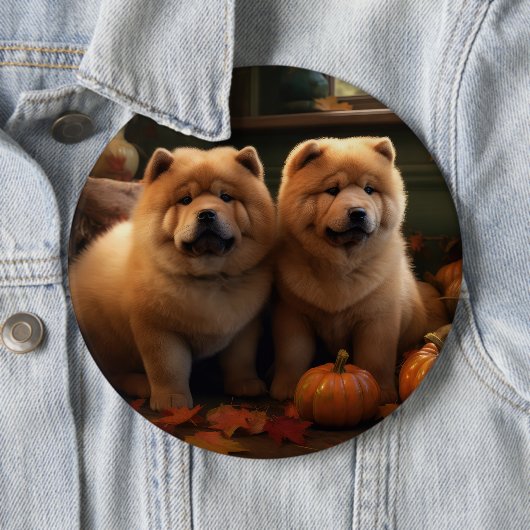 Badge Rond 15,2 Cm Chow Chow Chiot Automne Citrouille de plaisir (En situation)