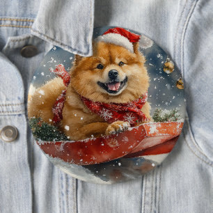 Badge Rond 15,2 Cm Chow Chow Dog in Sledge Let's neige Christmas