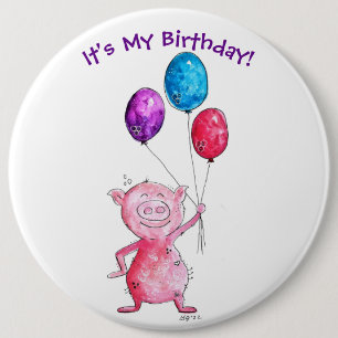 Badge Rond 15,2 Cm Cochon Rose Fantaisiste avec Ballons