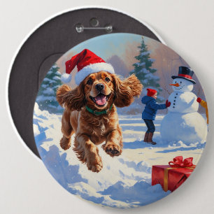 Badge Rond 15,2 Cm Cocker Spaniel courant dans la neige avec un chape
