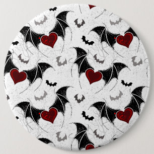 Badge Rond 15,2 Cm Cœur d'Halloween avec ailes de chauve-souris noire