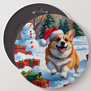 Badge Rond 15,2 Cm Corgi courant dans la neige avec un chapeau de Noë